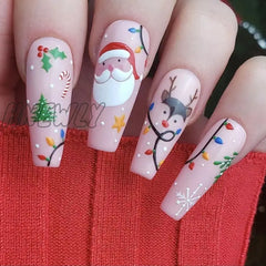 24Pcs Long Ballet Christmas False Nails Wearable Xmas Style Fake Elk Santa Claus Design Full Cover