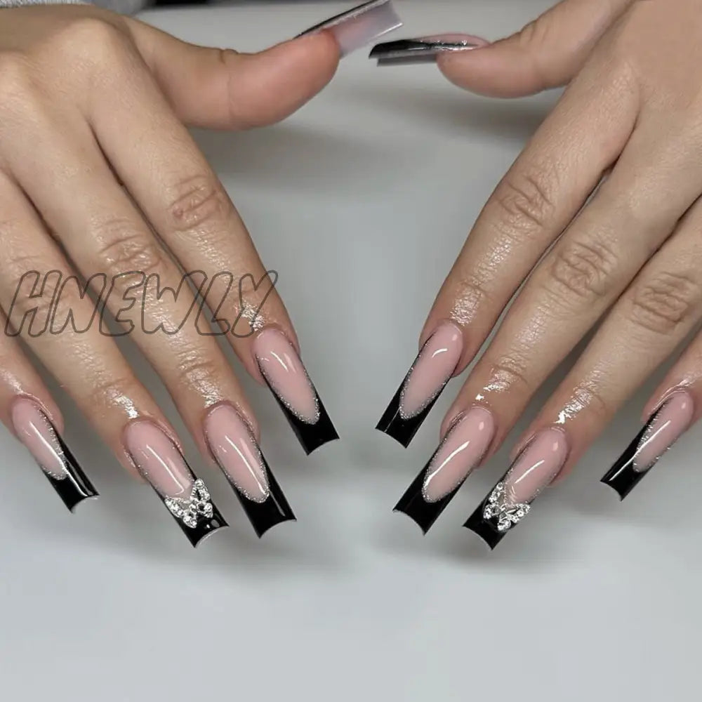 24Pcs Long Ballet False Nail Black French Simplicity Fake Wearable Coffin Press On Nails Full Cover