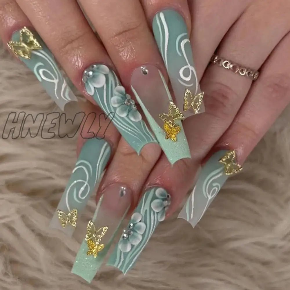 24Pcs Long Ballet False Nails Green Gradient Curve Flower Design Press On With Golden Butterfly