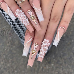 24Pcs Long Ballet False Nails Green Gradient Curve Flower Design Press On With Golden Butterfly