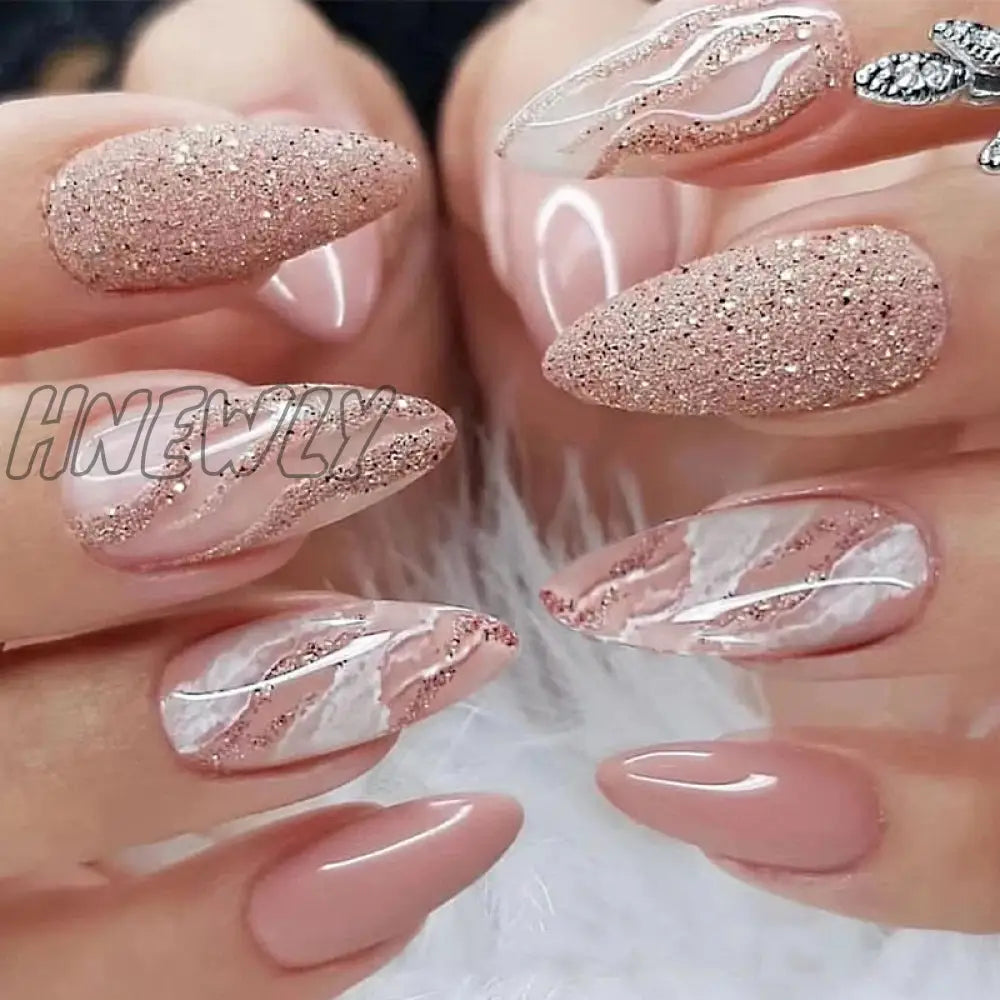 24Pcs Long Stiletto Fake Nail Pink Marble Design Wearable French Almond False Nails Full Cover