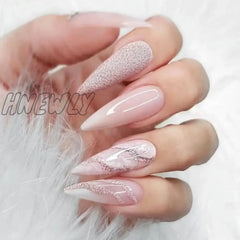 24Pcs Long Stiletto Fake Nail Pink Marble Design Wearable French Almond False Nails Full Cover