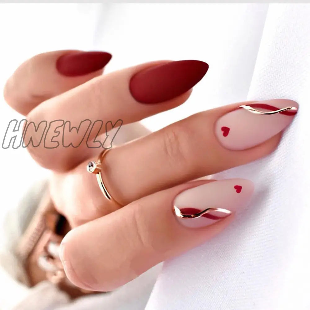 24Pcs Pink Almond False Nails Shiny Golden Ripples Stiletto Fake Detachable Oval Full Cover Press