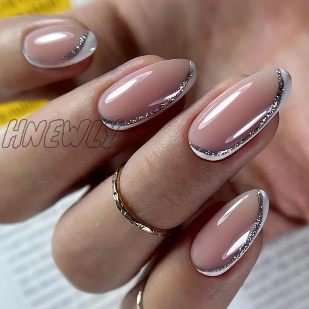 24Pcs Pink Almond False Nails Shiny Golden Ripples Stiletto Fake Detachable Oval Full Cover Press