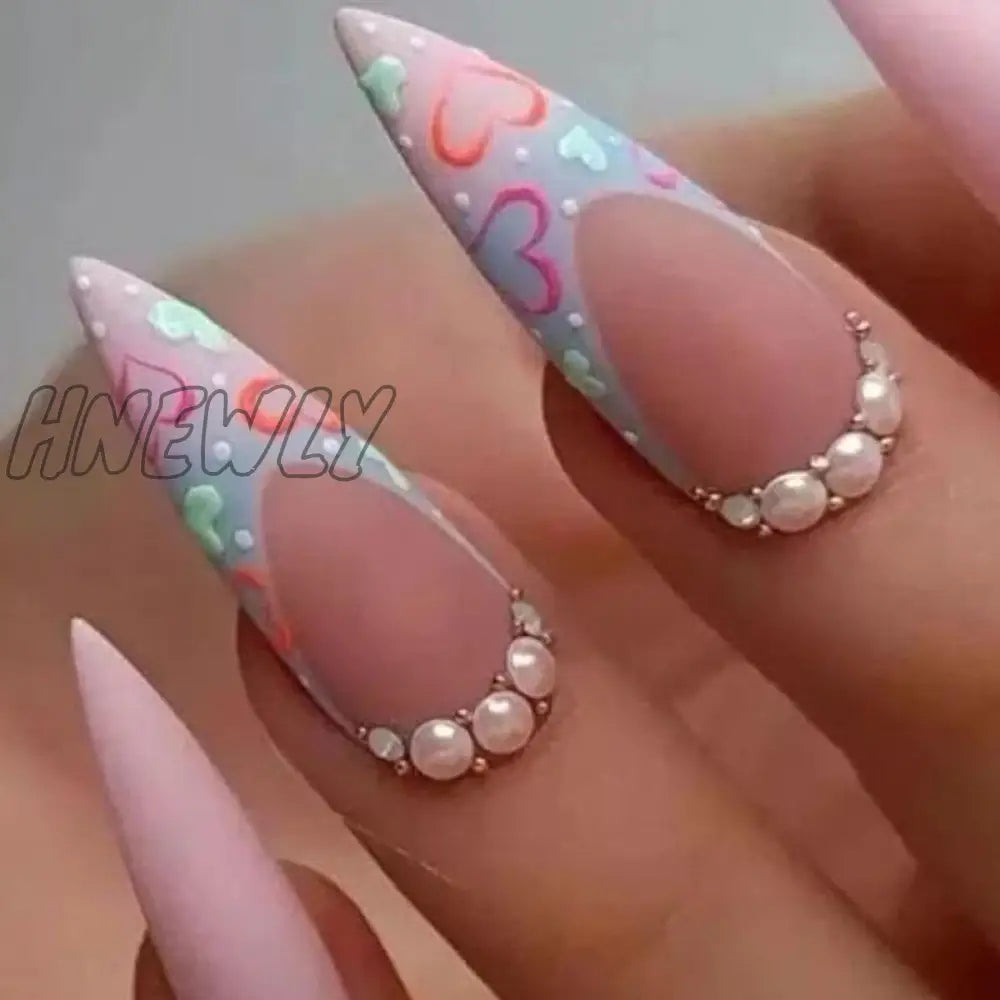 24Pcs Pink Almond False Nails Shiny Golden Ripples Stiletto Fake Detachable Oval Full Cover Press