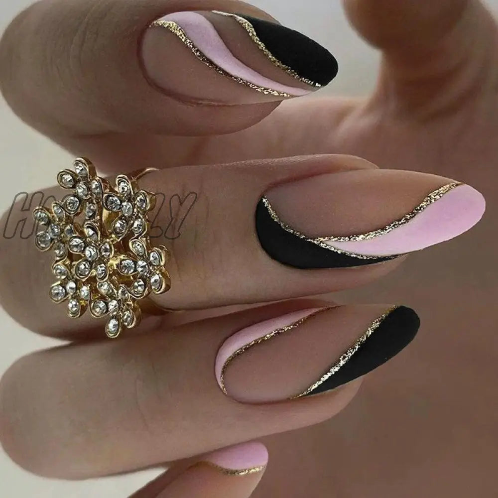 24Pcs Pink Almond False Nails Shiny Golden Ripples Stiletto Fake Detachable Oval Full Cover Press