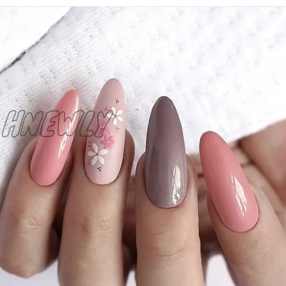 24Pcs Pink Almond False Nails Shiny Golden Ripples Stiletto Fake Detachable Oval Full Cover Press