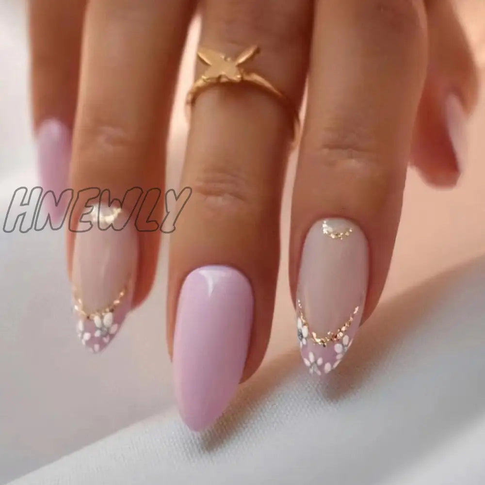 24Pcs Pink Almond False Nails Shiny Golden Ripples Stiletto Fake Detachable Oval Full Cover Press