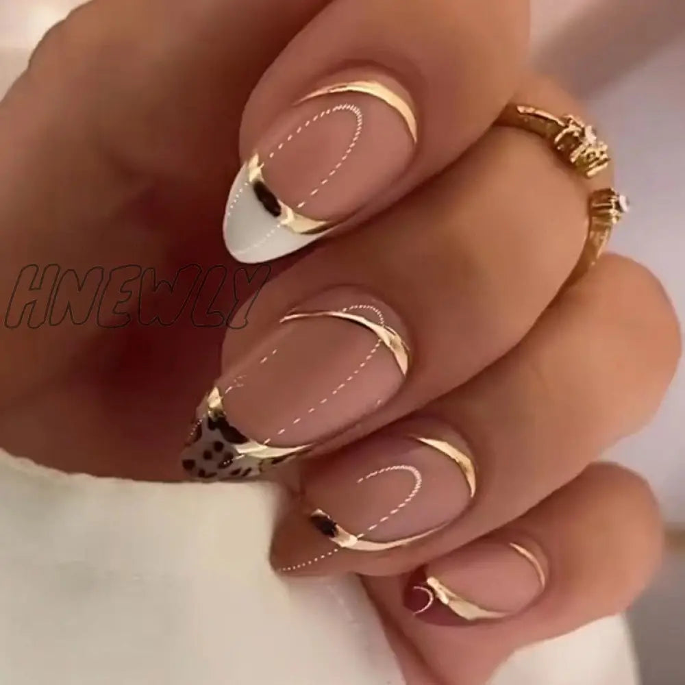 24Pcs Pink Almond False Nails Shiny Golden Ripples Stiletto Fake Detachable Oval Full Cover Press