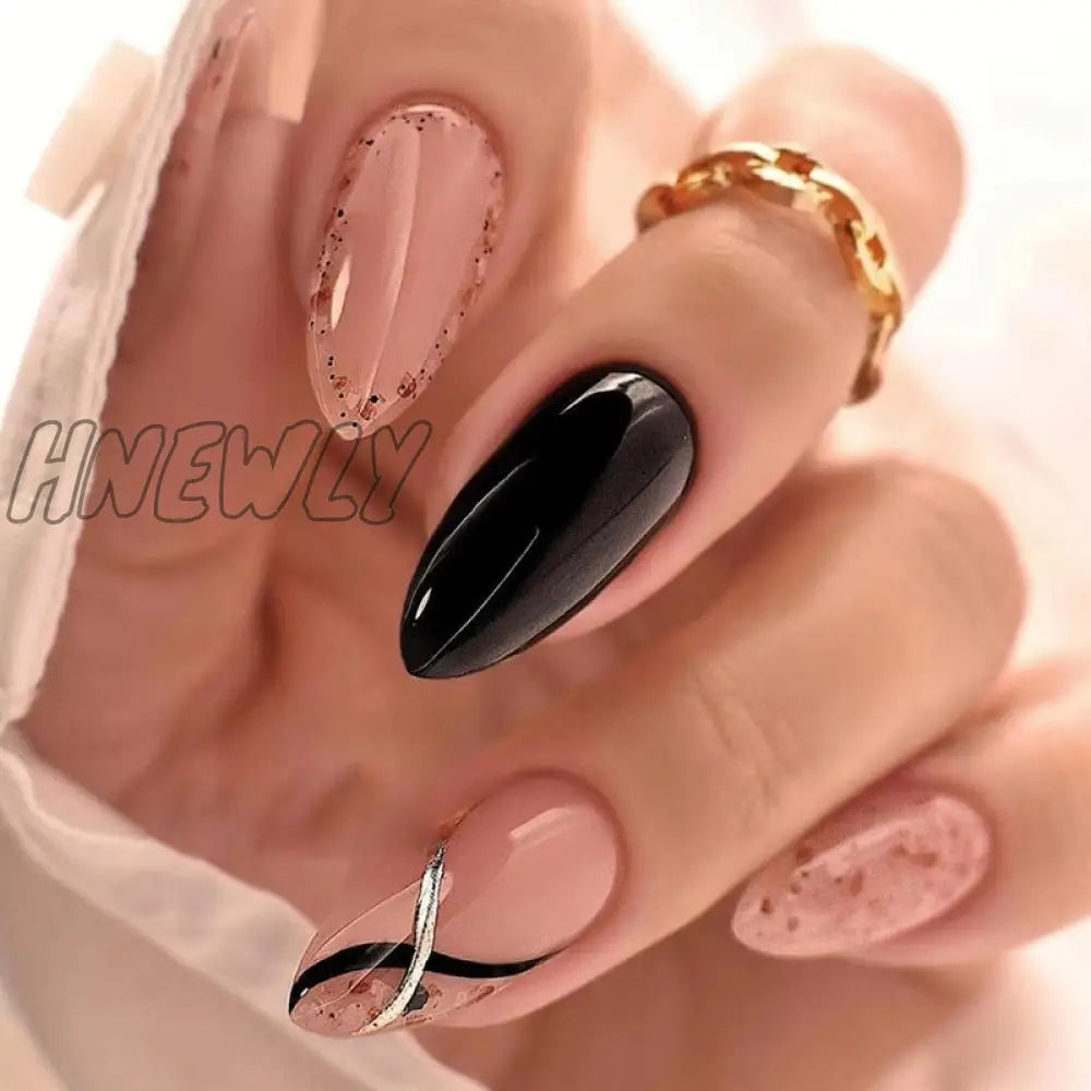 24Pcs Pink Almond False Nails Shiny Golden Ripples Stiletto Fake Detachable Oval Full Cover Press