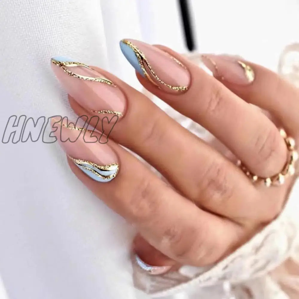 24Pcs Pink Almond False Nails Shiny Golden Ripples Stiletto Fake Detachable Oval Full Cover Press