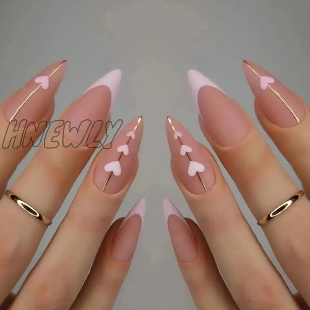 24Pcs Pink Almond False Nails Shiny Golden Ripples Stiletto Fake Detachable Oval Full Cover Press