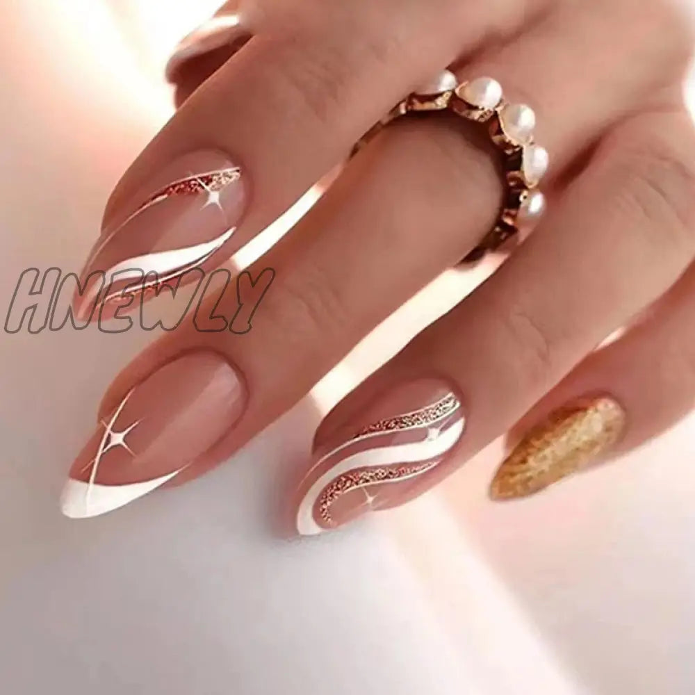 24Pcs Pink Almond False Nails Shiny Golden Ripples Stiletto Fake Detachable Oval Full Cover Press