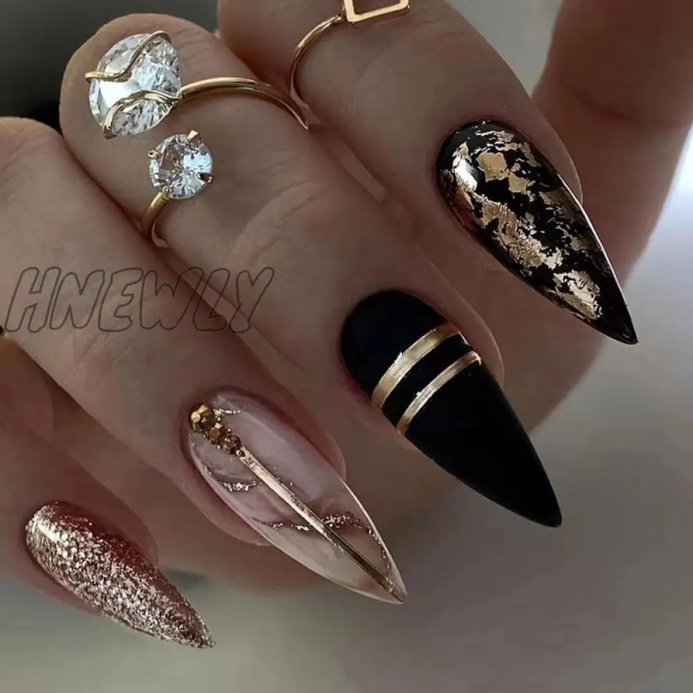 24Pcs Pink Almond False Nails Shiny Golden Ripples Stiletto Fake Detachable Oval Full Cover Press