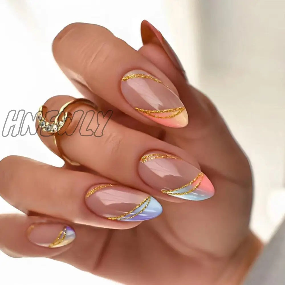 24Pcs Pink Almond False Nails Shiny Golden Ripples Stiletto Fake Detachable Oval Full Cover Press