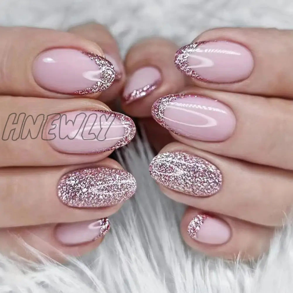 24Pcs Pink Almond False Nails Shiny Golden Ripples Stiletto Fake Detachable Oval Full Cover Press