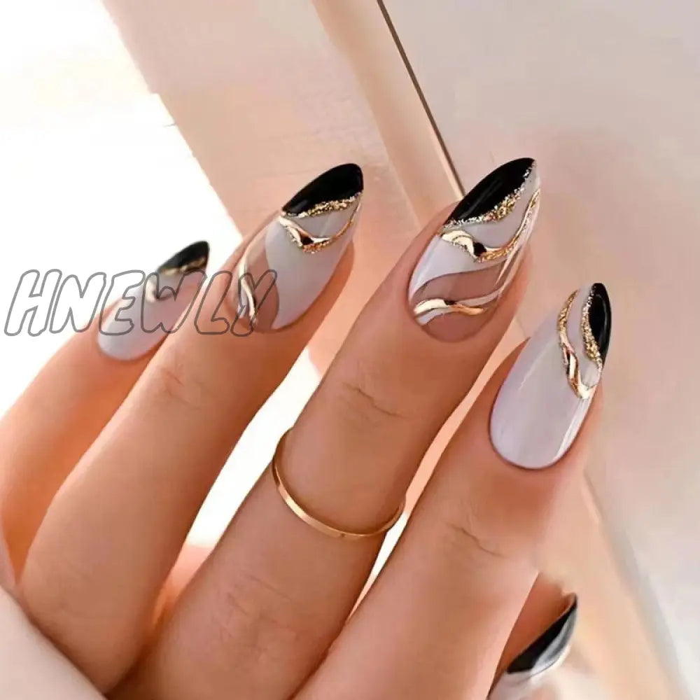 24Pcs Pink Almond False Nails Shiny Golden Ripples Stiletto Fake Detachable Oval Full Cover Press