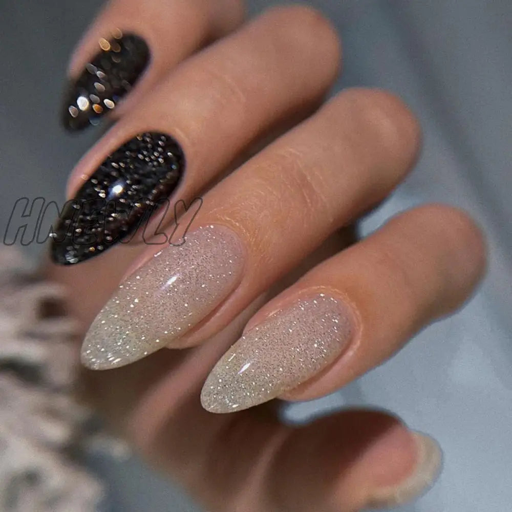 24Pcs Pink Almond False Nails Shiny Golden Ripples Stiletto Fake Detachable Oval Full Cover Press