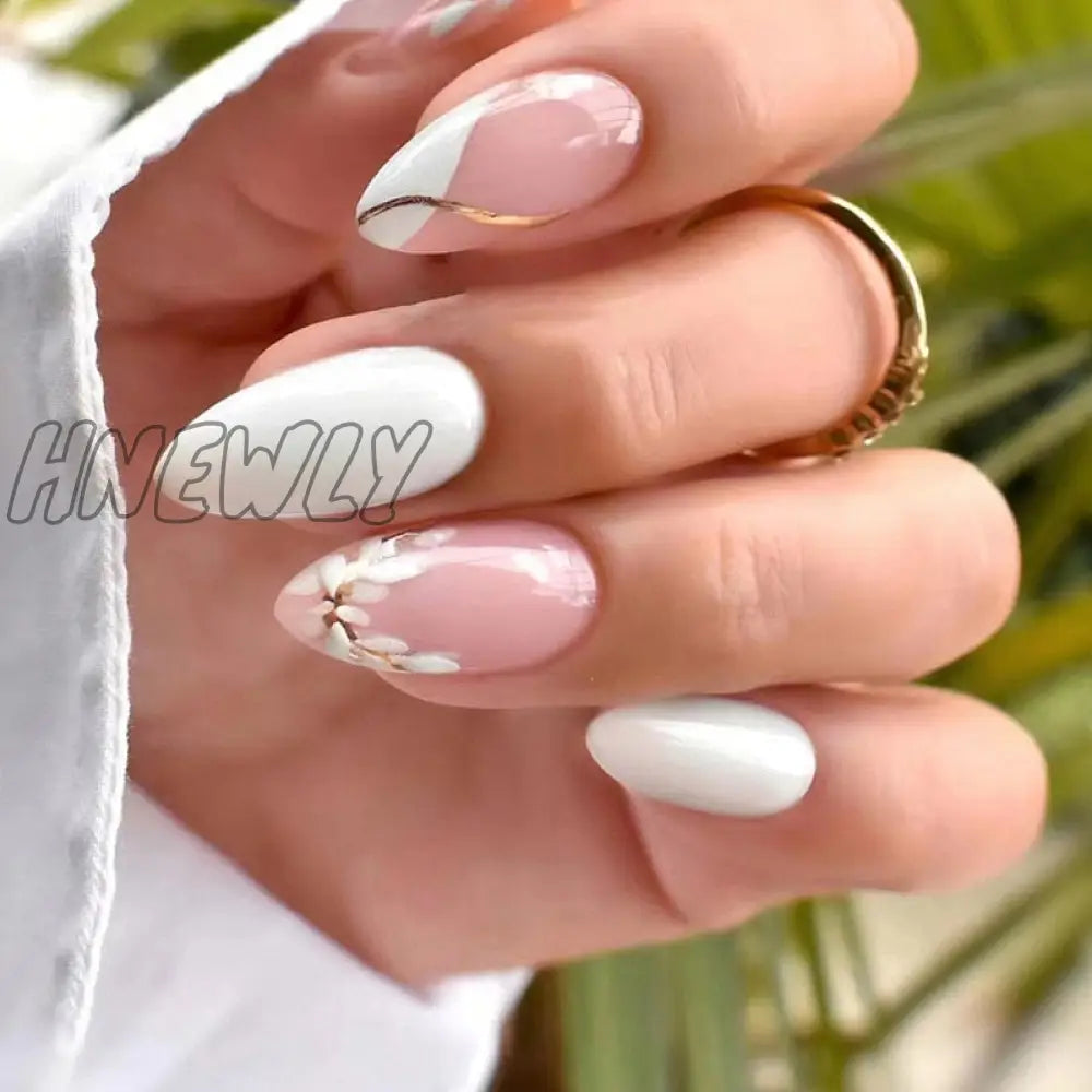 24Pcs Pink Almond False Nails Shiny Golden Ripples Stiletto Fake Detachable Oval Full Cover Press