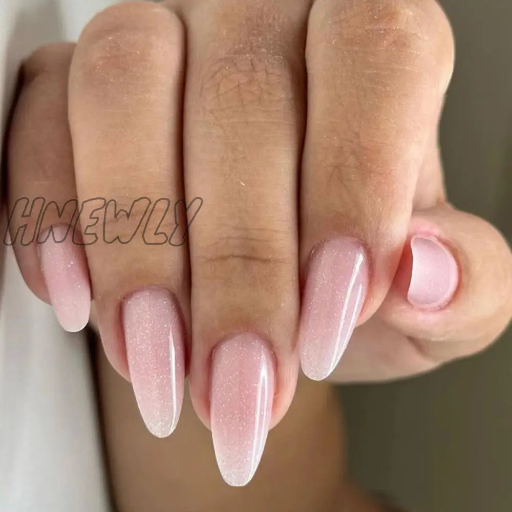 24Pcs Pink Almond False Nails Shiny Golden Ripples Stiletto Fake Detachable Oval Full Cover Press