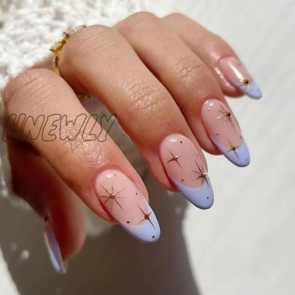 24Pcs Pink Almond False Nails Shiny Golden Ripples Stiletto Fake Detachable Oval Full Cover Press