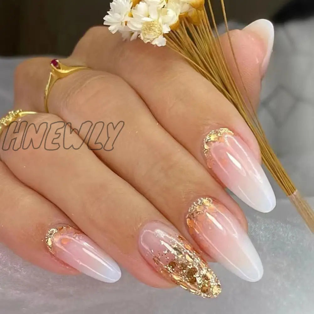 24Pcs Pink Almond False Nails Shiny Golden Ripples Stiletto Fake Detachable Oval Full Cover Press