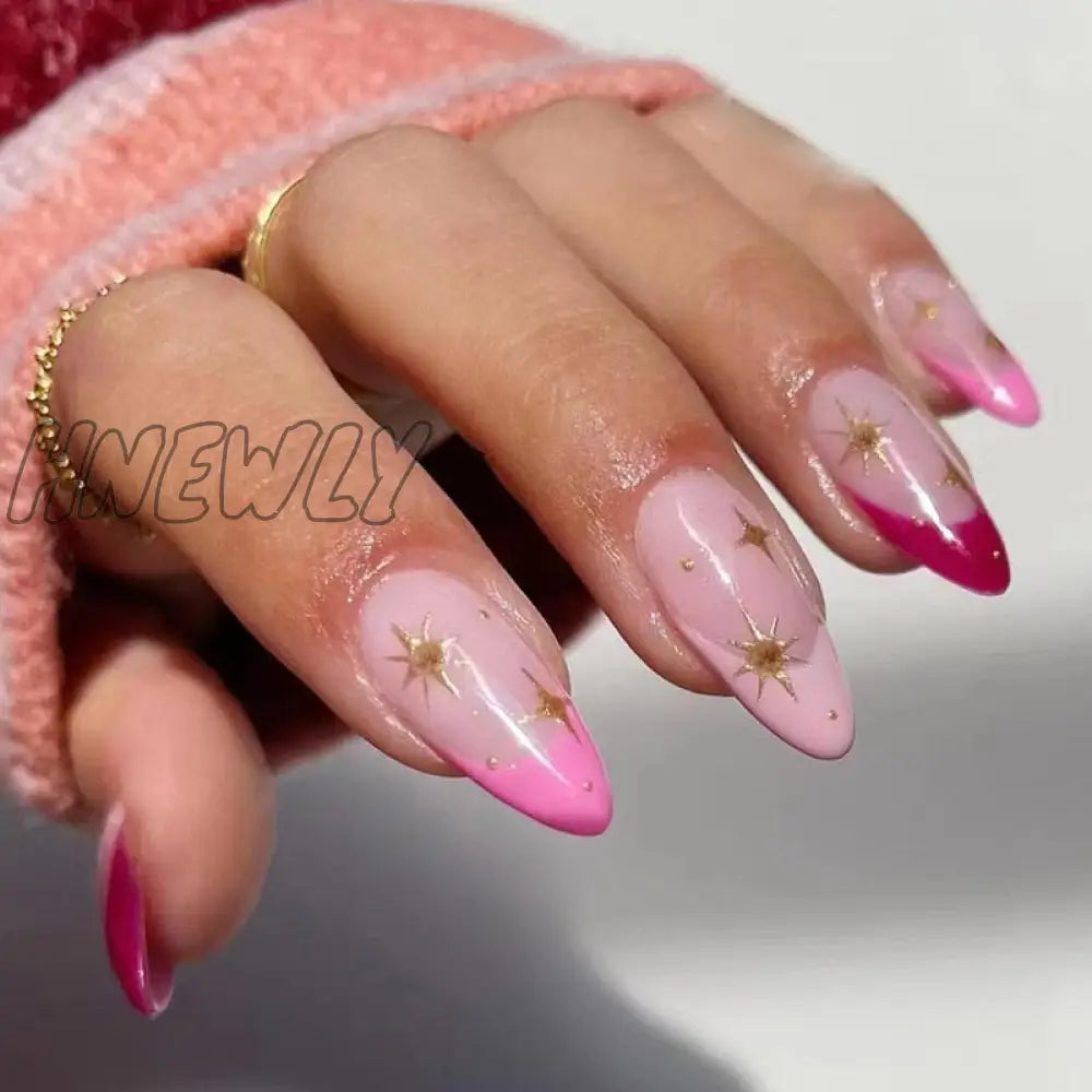 24Pcs Pink Almond False Nails Shiny Golden Ripples Stiletto Fake Detachable Oval Full Cover Press