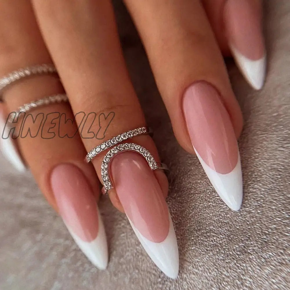 24Pcs Pink Almond False Nails Shiny Golden Ripples Stiletto Fake Detachable Oval Full Cover Press