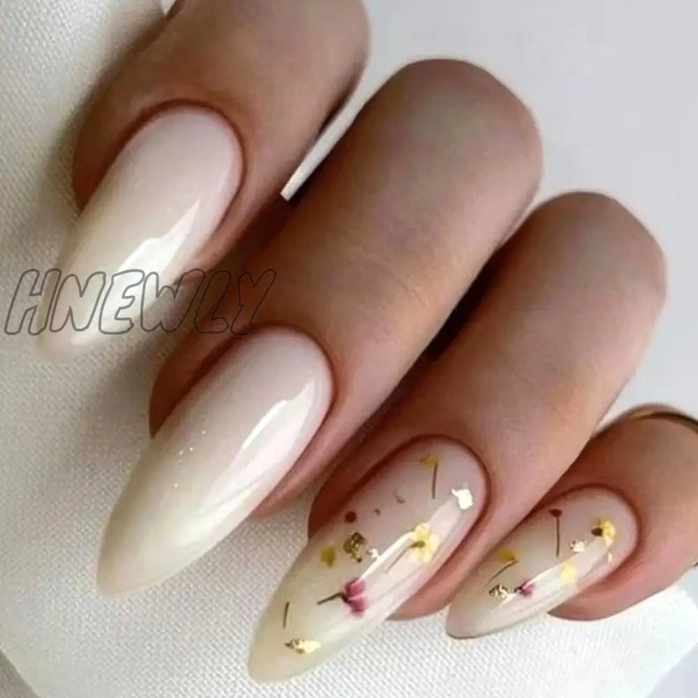 24Pcs Pink Almond False Nails Shiny Golden Ripples Stiletto Fake Detachable Oval Full Cover Press