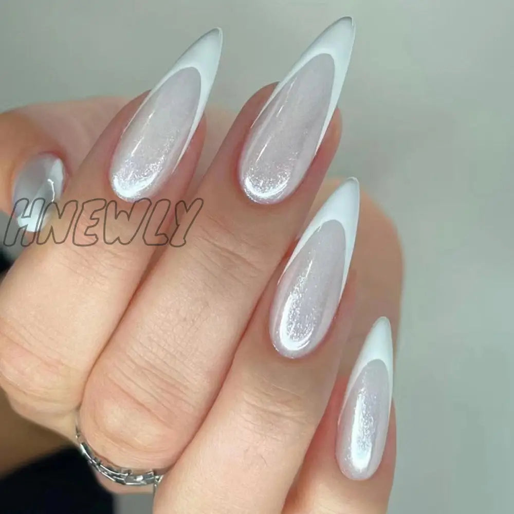 24Pcs Pink Almond False Nails Shiny Golden Ripples Stiletto Fake Detachable Oval Full Cover Press