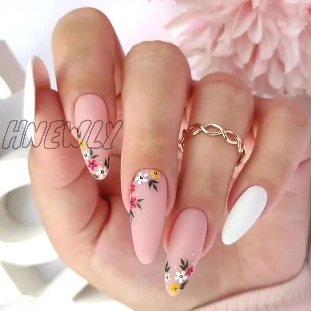 24Pcs Pink Almond False Nails Shiny Golden Ripples Stiletto Fake Detachable Oval Full Cover Press