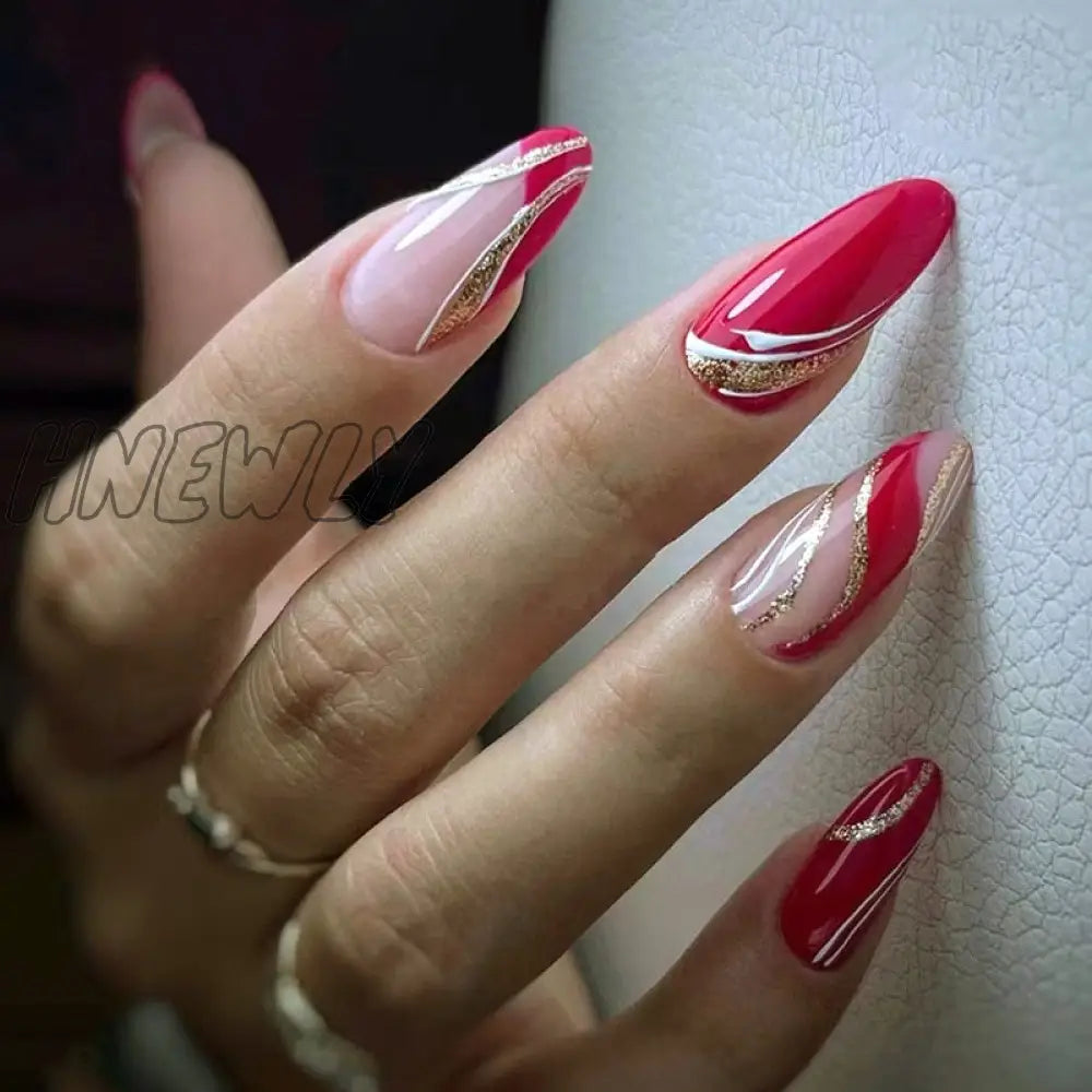 24Pcs Pink Almond False Nails Shiny Golden Ripples Stiletto Fake Detachable Oval Full Cover Press