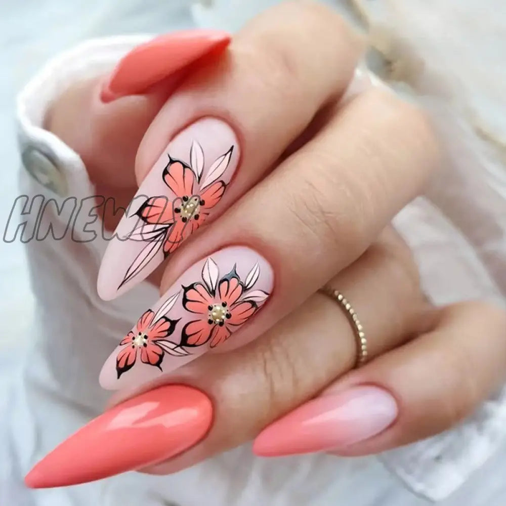 24Pcs Pink Almond False Nails Shiny Golden Ripples Stiletto Fake Detachable Oval Full Cover Press