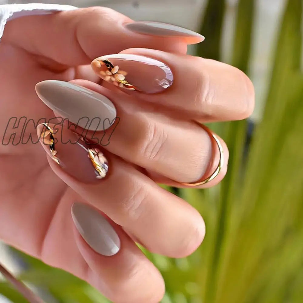 24Pcs Pink Almond False Nails Shiny Golden Ripples Stiletto Fake Detachable Oval Full Cover Press