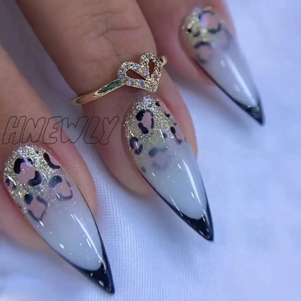 24Pcs Pink Almond False Nails Shiny Golden Ripples Stiletto Fake Detachable Oval Full Cover Press