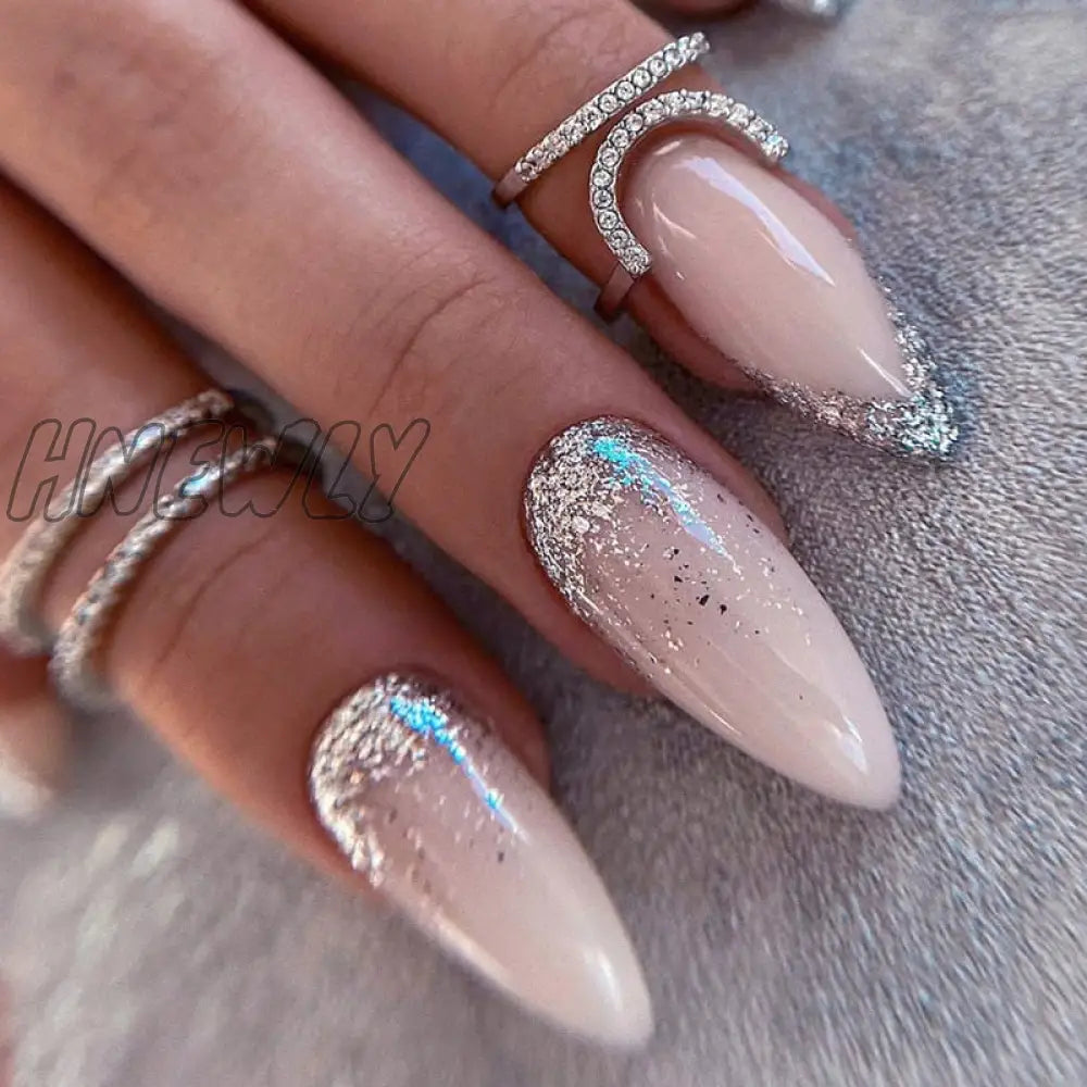 24Pcs Pink Almond False Nails Shiny Golden Ripples Stiletto Fake Detachable Oval Full Cover Press