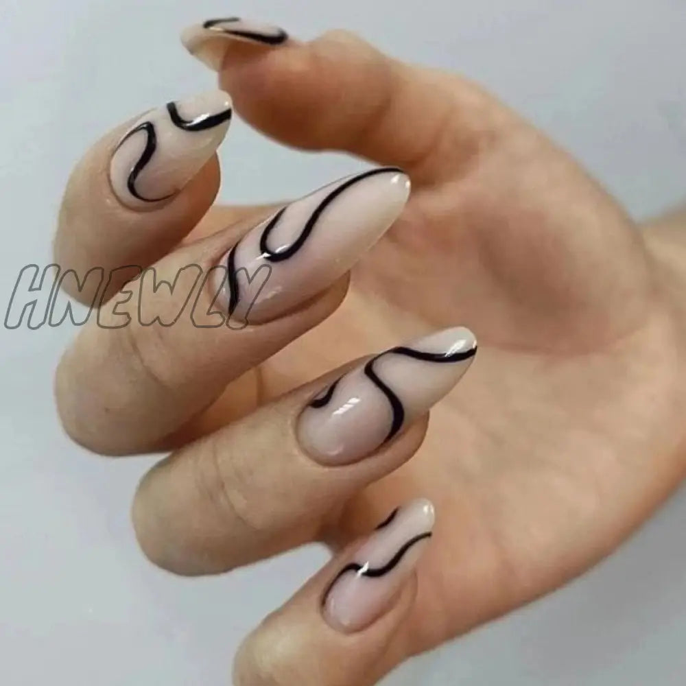 24Pcs Pink Almond False Nails Shiny Golden Ripples Stiletto Fake Detachable Oval Full Cover Press