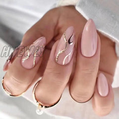 24Pcs Pink Almond False Nails Shiny Golden Ripples Stiletto Fake Detachable Oval Full Cover Press