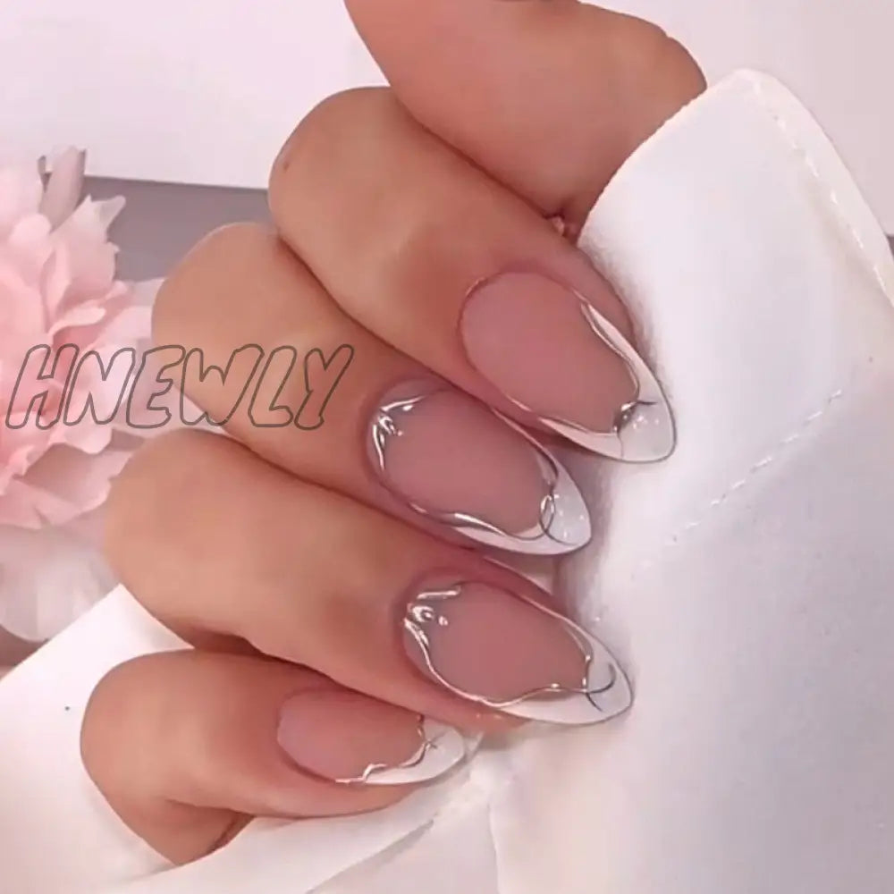 24Pcs Pink Almond False Nails Shiny Golden Ripples Stiletto Fake Detachable Oval Full Cover Press