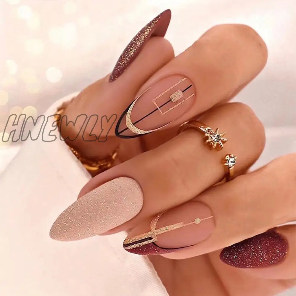 24Pcs Pink Almond False Nails Shiny Golden Ripples Stiletto Fake Detachable Oval Full Cover Press