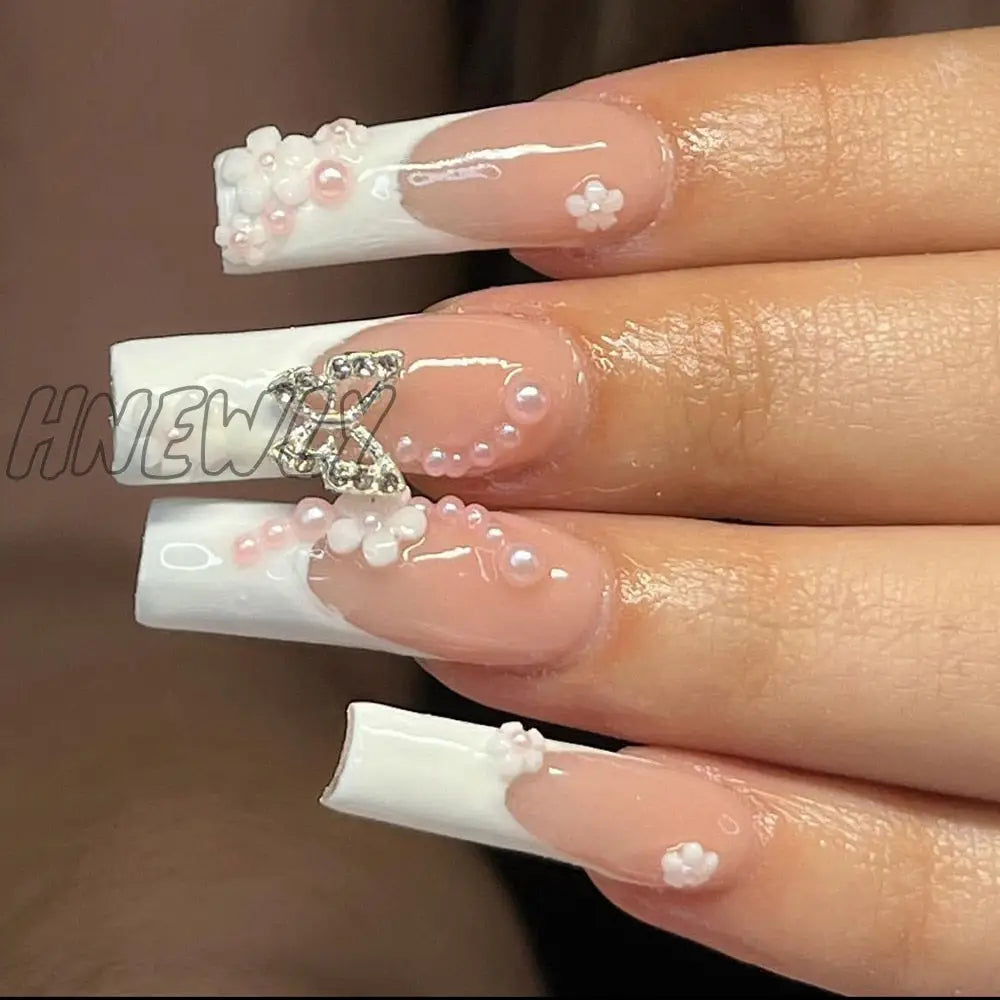 24Pcs Pink Flower Wearable False Nail Tips Long Square Fake With Rhinestone Design Acrylic Coffin