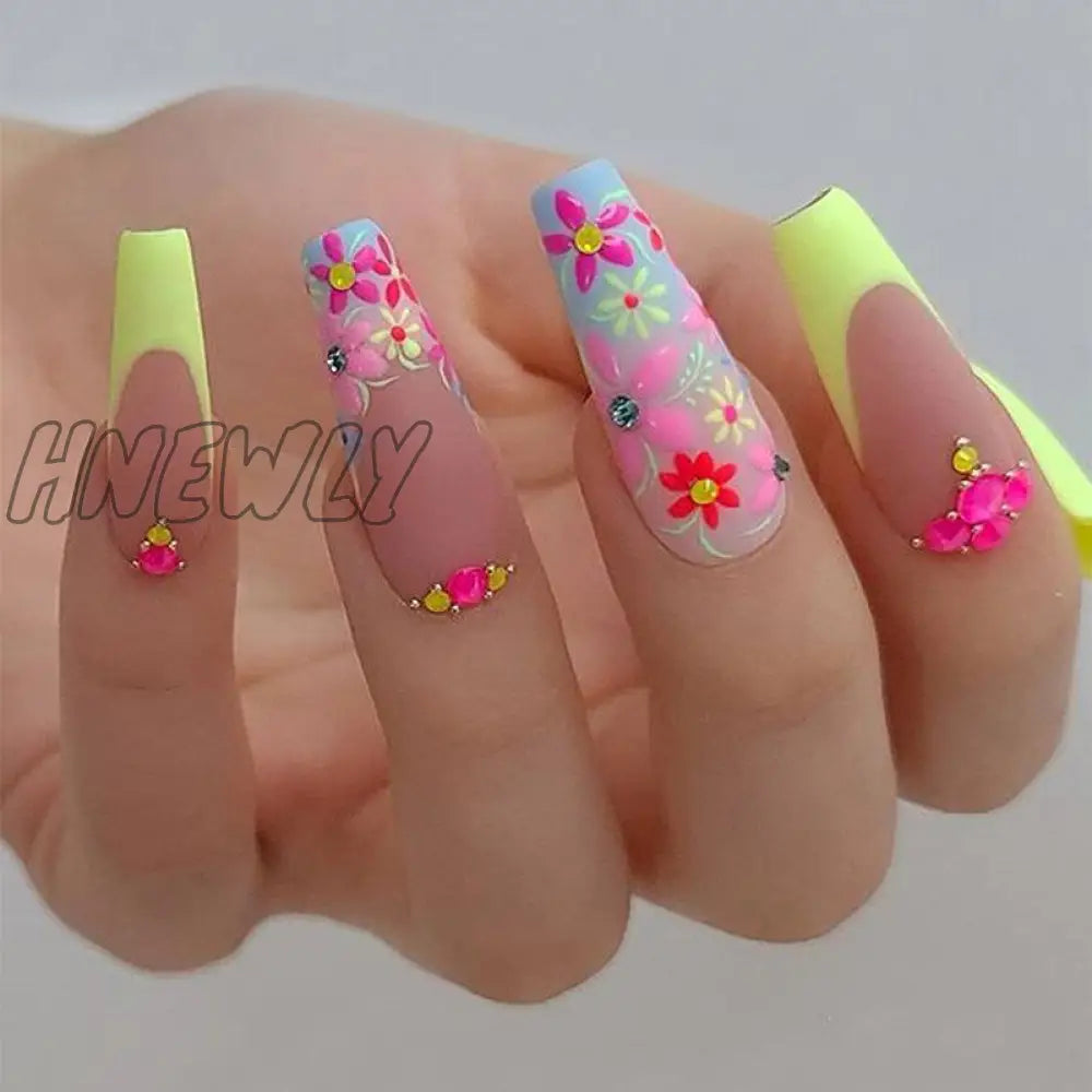 24Pcs Pink Flower Wearable False Nail Tips Long Square Fake With Rhinestone Design Acrylic Coffin