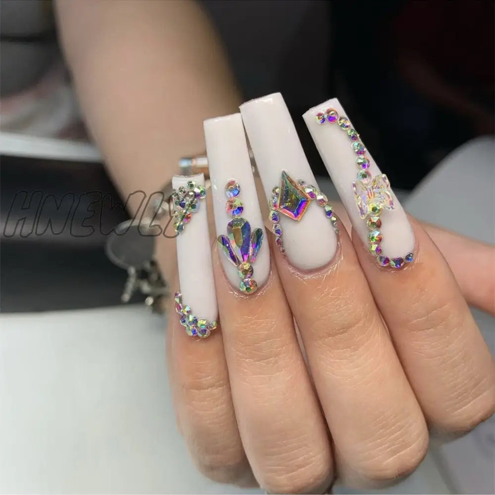 24Pcs Pink Flower Wearable False Nail Tips Long Square Fake With Rhinestone Design Acrylic Coffin