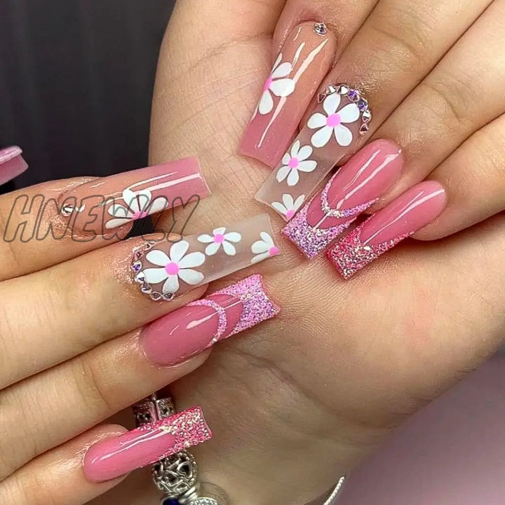 24Pcs Pink Flower Wearable False Nail Tips Long Square Fake With Rhinestone Design Acrylic Coffin