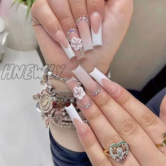 24Pcs Pink French Fake Nails Long Ballet Rhinestone Design False Press On Full Cover Acrylic Nail