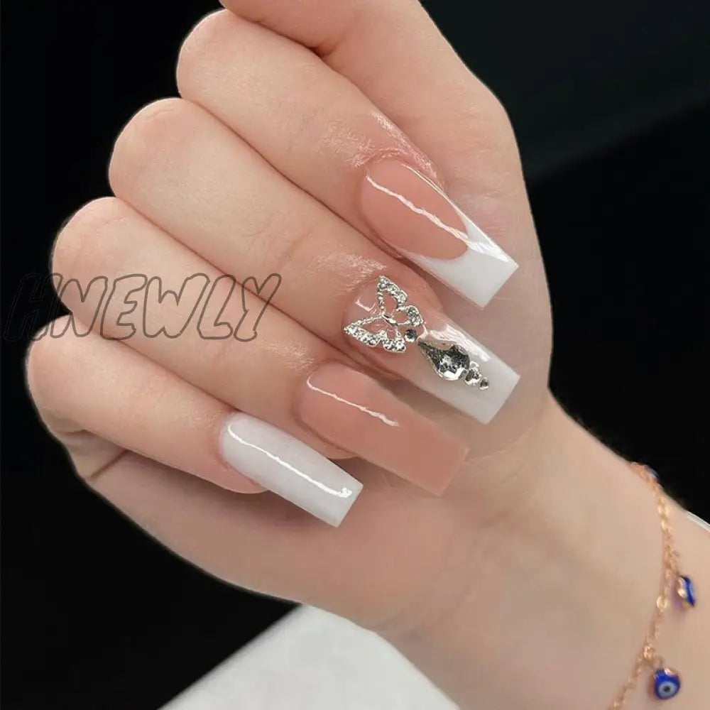 24Pcs Pink French Fake Nails Long Ballet Rhinestone Design False Press On Full Cover Acrylic Nail