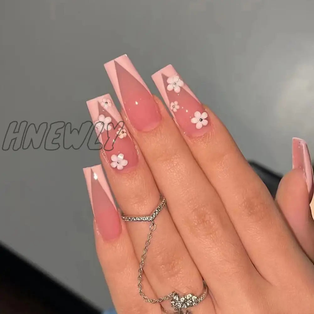 24Pcs Pink French Fake Nails Long Ballet Rhinestone Design False Press On Full Cover Acrylic Nail