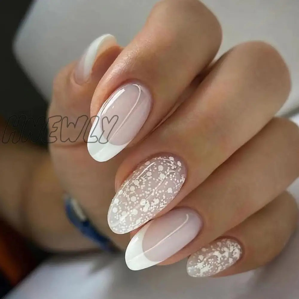 24Pcs Round Head Fake Nails With French Design Long Almond Pink Love False Nail Tips Wearable