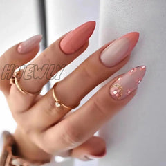 24Pcs Round Head Fake Nails With French Design Long Almond Pink Love False Nail Tips Wearable