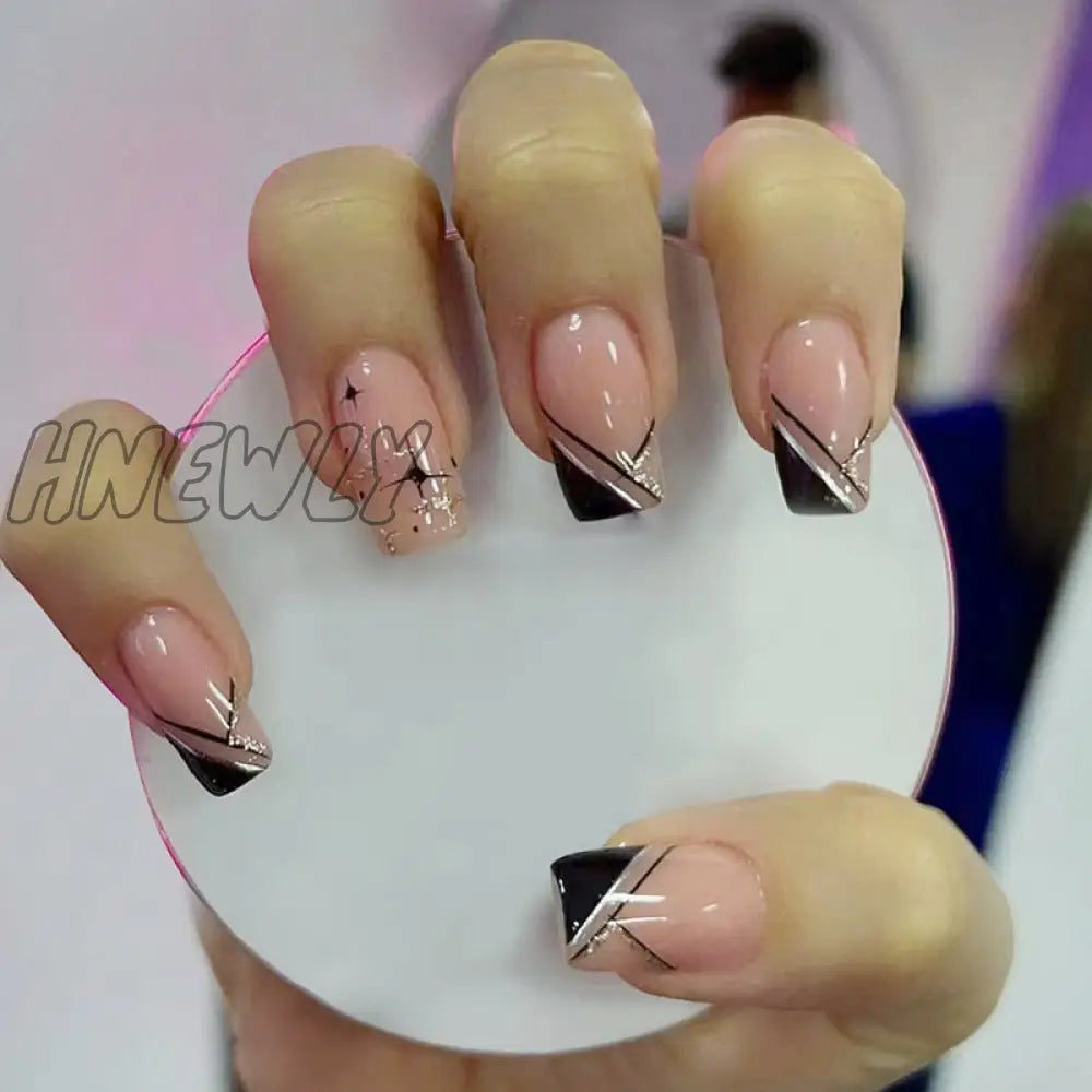 24Pcs Simple Black Fake Nail Short Square Head False Nails With Glitter Star Designs Wearable